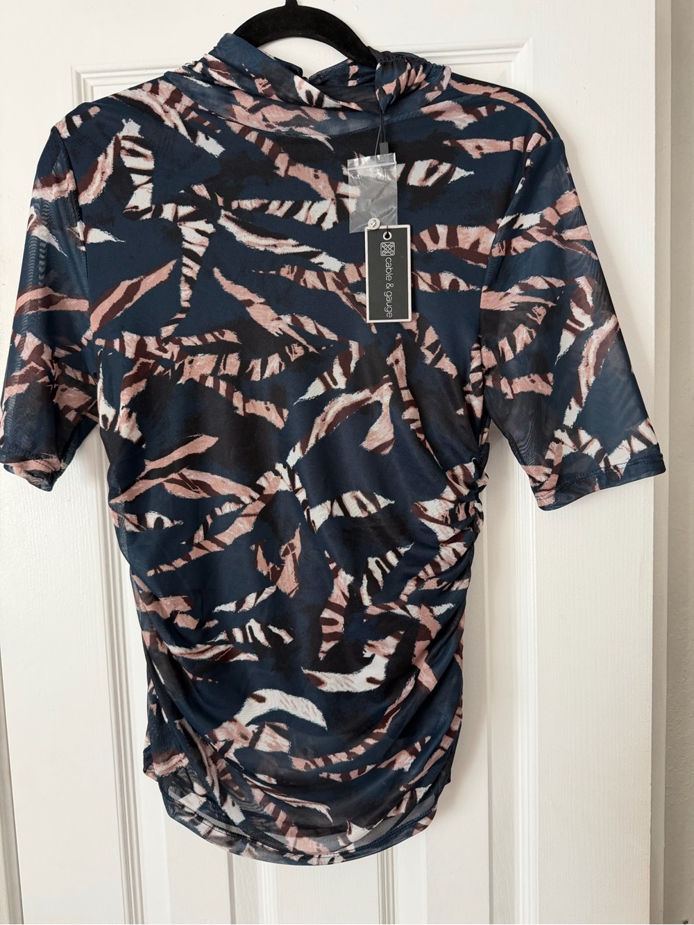 Cable & Gauge Mesh Navy Blouse with Cream and Tan Abstract Print